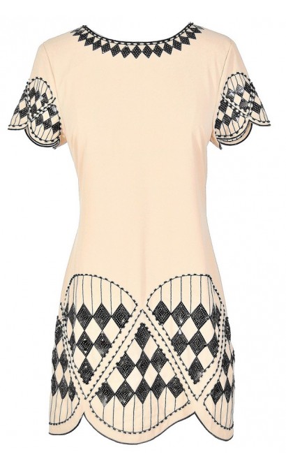 Harlequin Diamonds Black and Beige Embellished Shift Dress